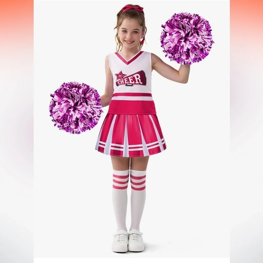 NWT Pink Cheerleader Uniform with Pom Poms, Socks, a ribbon costume size 8-10